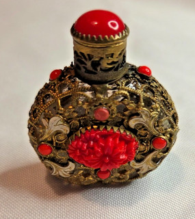 Vintage Czech mini perfume bottle with red jasper glass dauber filigree parfum