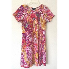 MSK Paisley Dress PS Pink Orange Boho Summer Shift Grommet Neckline