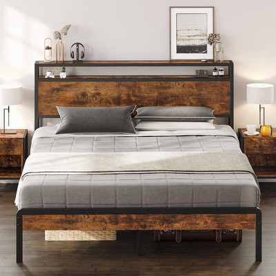 Full Size Bed Frame, Platform Bed with 2-Tier Storage Headboard, Solid and Stabl