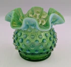 New ListingVintage Fenton Green Opalescent Hobnail Ruffled Double Crimped Vase  3"H