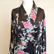 VTG Japanese Kimono Robe Black Satin Floral Peacock Long Maxi Lounge Robe Boho