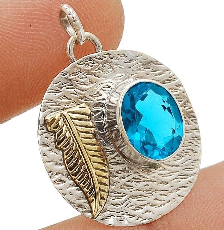 Two Tone Natural Flawless Blue Topaz 925 Sterling Silver Pendant Jewelry @9-2