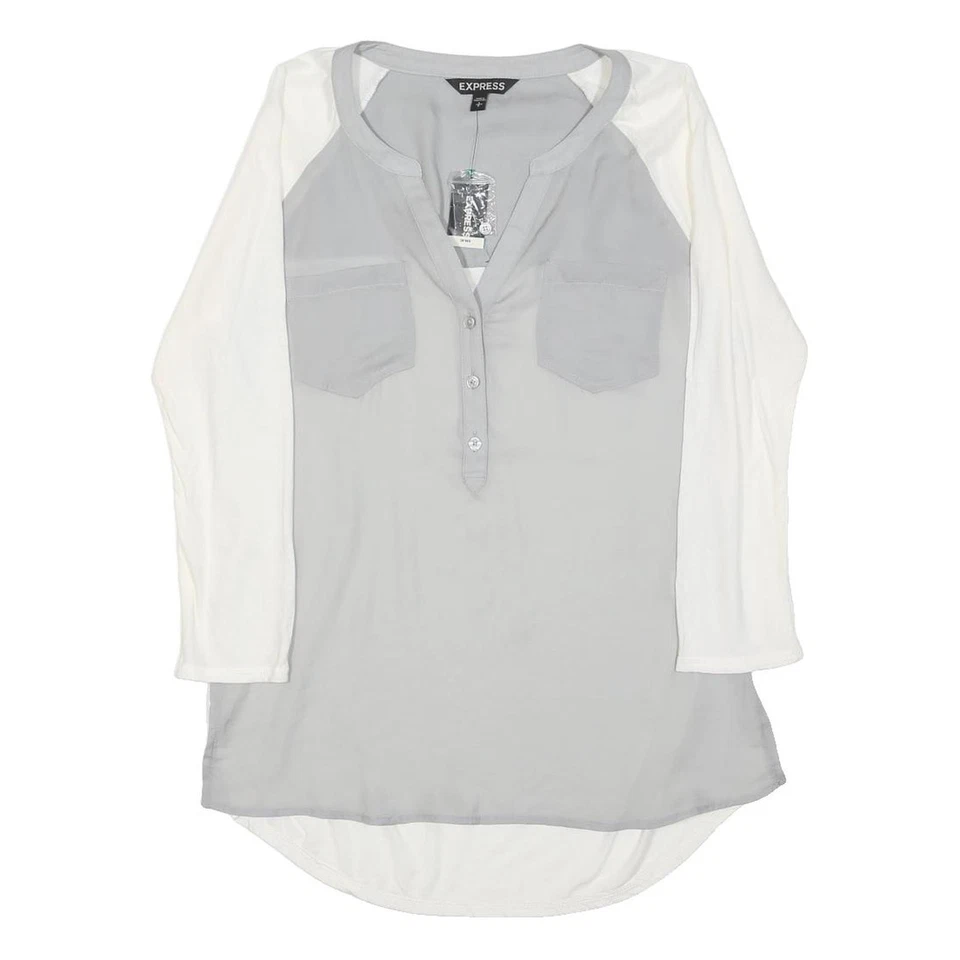 EXPRESS Haut Femme Manches Longues Col V Gris & Blanc Léger Basic - Photo 1/4
