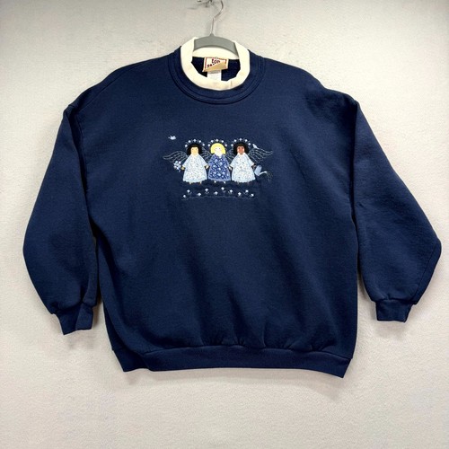 VTG Morning Sun Sweatshirt Womens Blue PL Blue Embroidered Three Angels Grandma