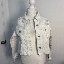 BKE White Denim Cropped Jacket Distressed Perfect Small 100 Cotton