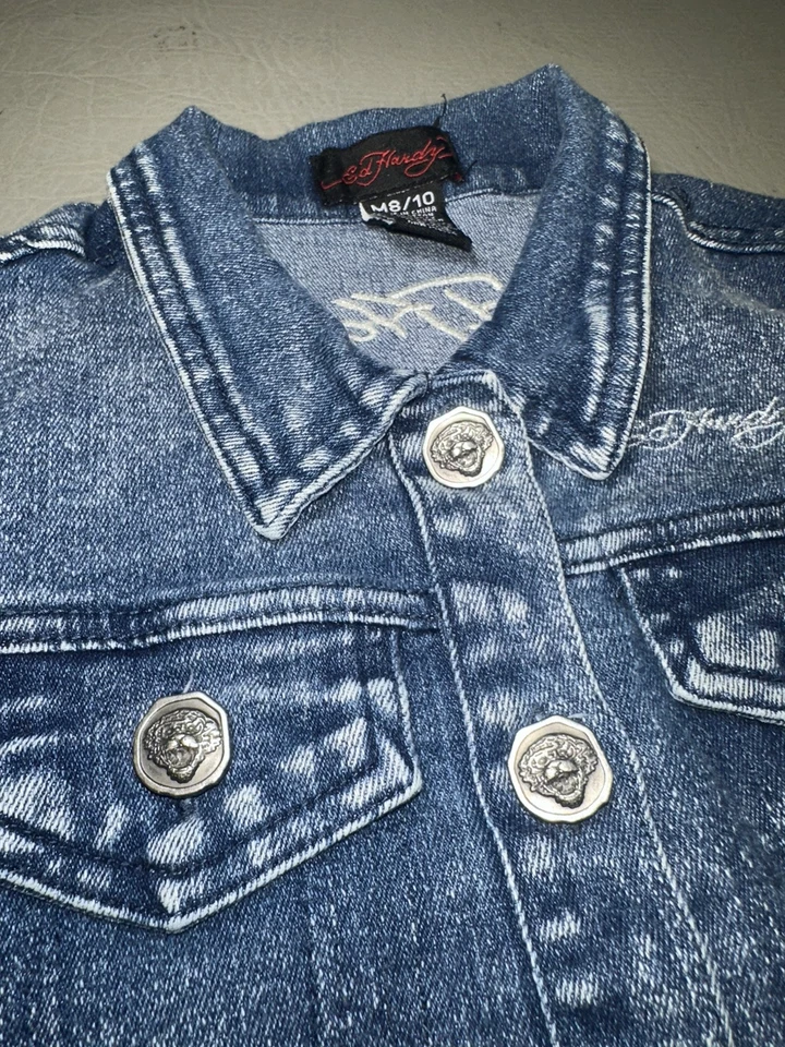 Chaleco de mezclilla Ed Hardy para niños botones de metal Y2K juvenil mediano (8/10) bordado ¡ELUC! Foto 3 de 4