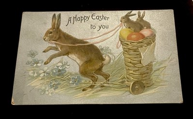 Vtg TUCKS Easter Postcard Rabbit Pulling Bunnies in Basket Embossed Silver 1911
