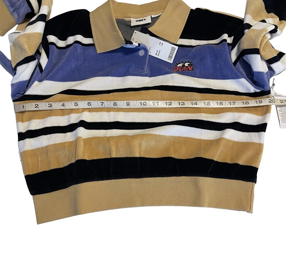 Camisa Polo Pullover Obey Terciopelo Recortado Pequeñas Rayas Mangas Largas Para Mujer’s Foto 3 de 4
