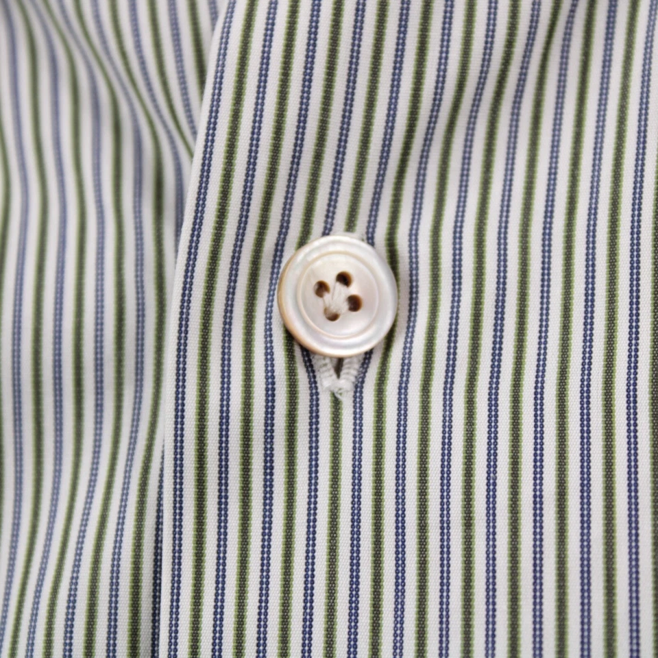 Camicia elegante Kiton nuova senza etichette taglia 15,75 40 verde con righe blu e bianche 100% cotone - Immagine 4 di 4