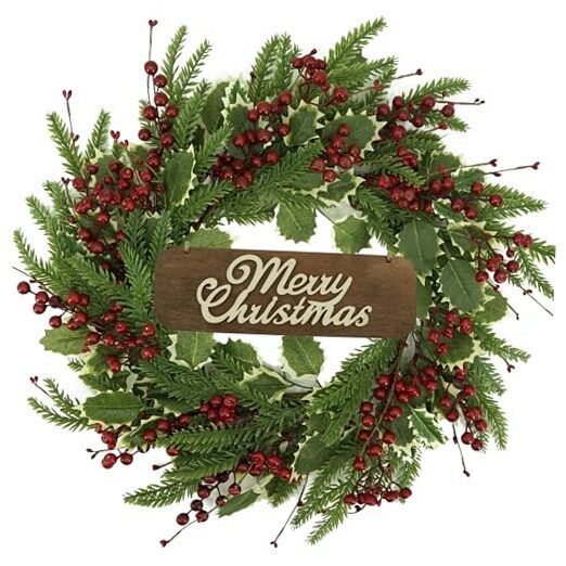 Festive Green Holly Leaf Winter Wreath with Red Berries