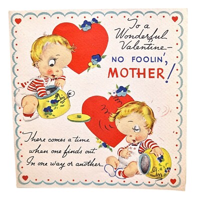 VTG Valentines Day Greeting Card Baby Cookie Tummy Ache Mom Rust Craft 1944 Gin