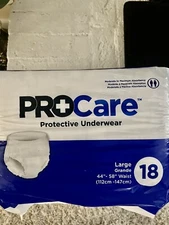 PROCARE ~Protective Underwear/Adult Diapers~ Large~Waist 44"-58"~18 Pairs~”New”