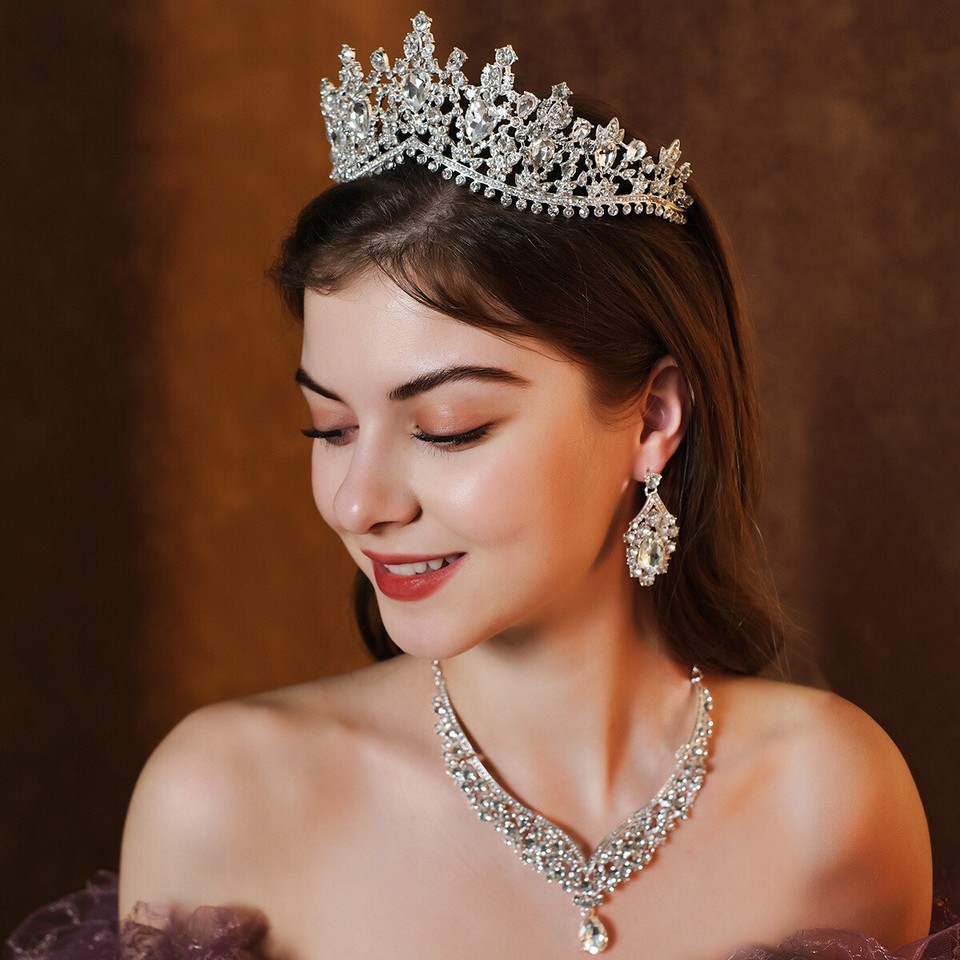 7cm Tall Large Adult Drip Crystal Wedding Queen Princess Tiara Crown For Women e
