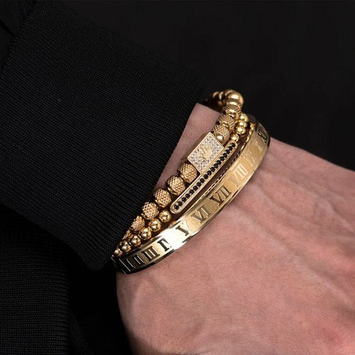3Pcs/Set 14Kt Gold Filled Luxury Royal King Crown Roman Numeral Bangle Bracelet - Picture 5 of 19