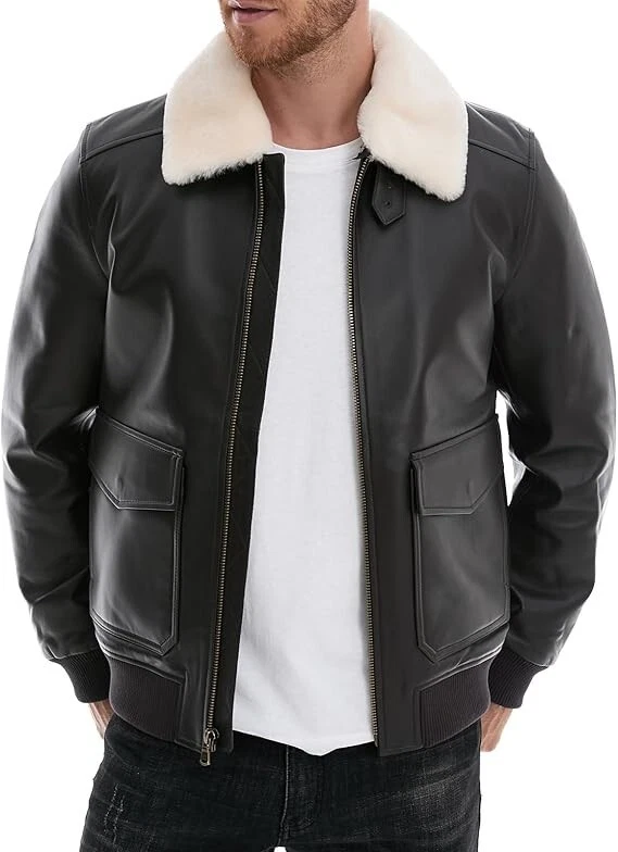 Leather Jacket Men Lambskin Bomber Black Aviator Flight Casual Jacket Fur Collar