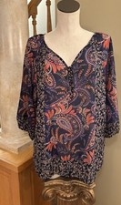 Chaps Women’s Paisley Multicolor 3/4 Sleeve V-Neck Peasant Blouse Petite L NWOT