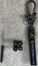 Genuine Leather Lanyard  &  Metal Tire Air Stem Valve Covers Set For Porsche