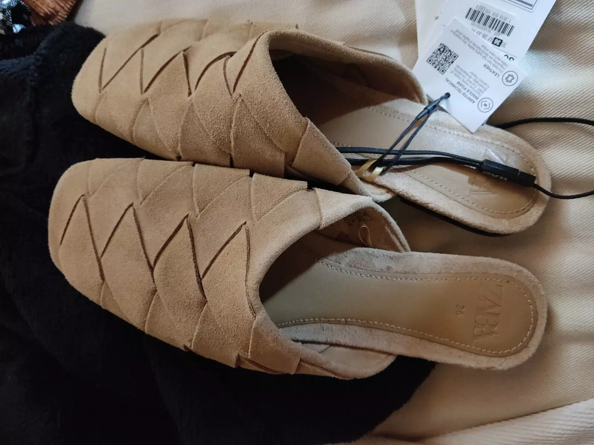 ZARA REAL LEATHER WOVEN SUEDE MULES FLATS LOAFERS BROWN TAN 36