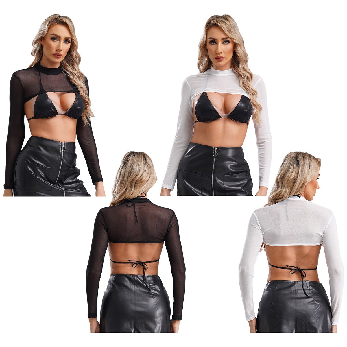 トップス cropped see-through top archive Hot Women Long Sleeve Sheer Mesh Shrug T-Shirt See-Through Cropped