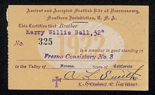 1922 Free Mason ID Card Fresno Ancient and Accepted Scottish Rite Harry W. Ball