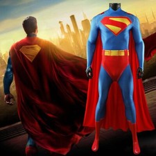 Red Superman Jumpsuit Cosplay Men Bodysuit Cloak Costume Adult Kids Halloween