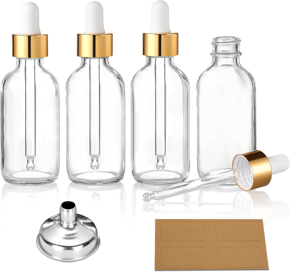 4 Pcs, 1 Oz Golden Cap Clear Dropper Bottles (30Ml) with 1 Funnel & 4 Labels - G