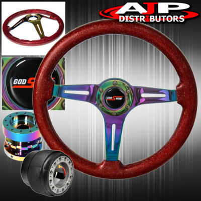 Extender + Metallic Red Wood Neo Chrome Center Steering Wheel For 89-05 Eclipse