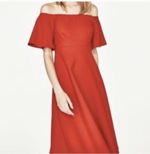 Zara Off The Shoulder Red Midi Jersey Dress Short Sleeve Size Small