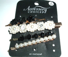 4 Jeweled Black and White Pearl and Rhinestone Bobby Pins