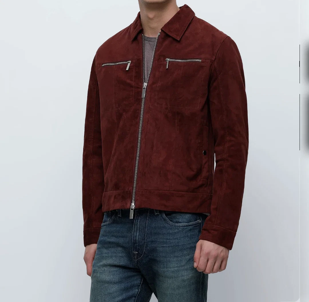 Men Brown Pure Suede Leather Jacket Slim Fit Trucker Jacket Custom Size S M L XL
