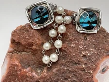 Vintage Butterfly Wing Faux Pearl Silver Tone Chain Sweater Scarf Guard Clips