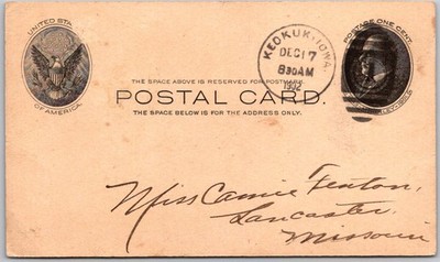 Rare Antique USPS Postal Card UX18 Keokuk IA To Lancaster MO Postmark 12-7-1902