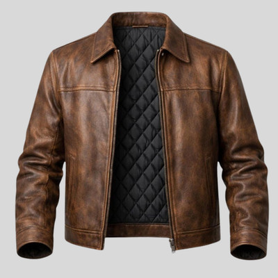 Men's Brown Distressed Vintage Motorcycle Style Genuine Lambskin Leather Jacket
