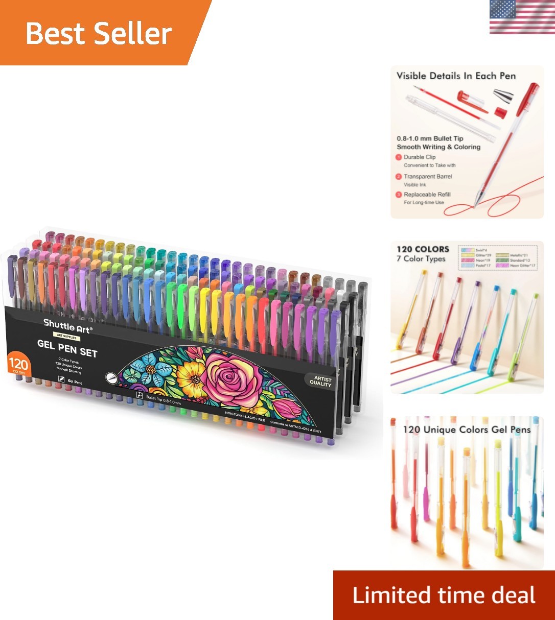 120 Unique Colors Gel Pen Set for Adults: Non-Toxic Art Supp