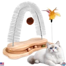Cat Self Groomer Scratcher Post with Catnip Ball Toy, Indoor Grooming Massager