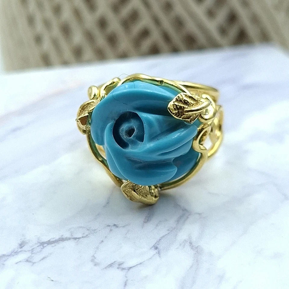 Anello Fiore Rosa Pasta di Turchese Argento 925 Oro Giallo 18 KT Artigianale - Immagine 3 di 4
