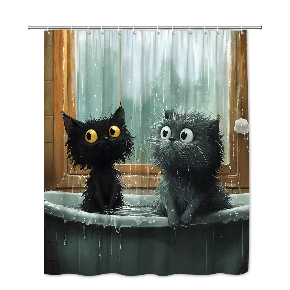 Divertida Cortina de Ducha Gatos Mojados, Lindos Gatitos Negros en Bañera, Baño de Dibujos Animados D Foto 3 de 4
