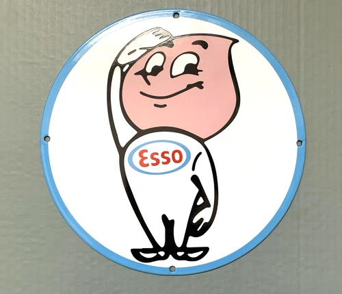 VINTAGE ESSO BOY 12" GASOLINE MOTOR OIL GAS PUMP STATION PORCELAIN DIE CUT SIGN