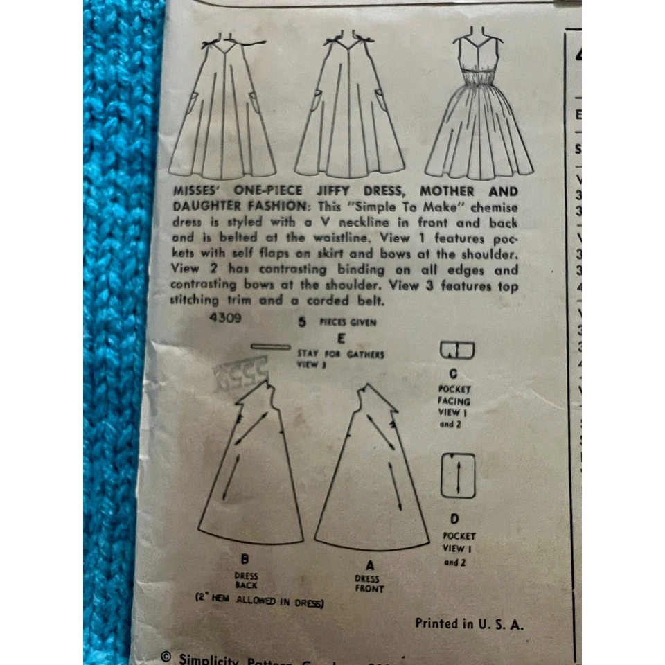 Simplicity 4309 Sewing pattern Tent dress A line pockets 1950s size 12 - Image 4 of 4