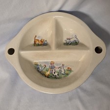 Vintage baby warming dish Little boy w/ kitty, puppy, duck Divided Child's Food