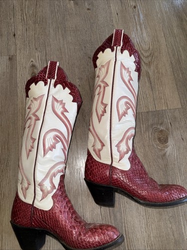 Women's Vintage Panhandle Slim Red & White Snakeskin Cowboy Boots Size 5 B