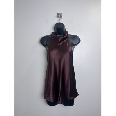 NWT Centre Piece Eden Scarf Top Brown Satin Halter Open Back Tie Neck Medium