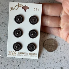 6 NEW on card Vintage 80s Dark Brown Round Flat 4 Hole Buttons 1/2" Japan