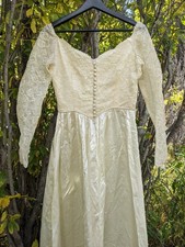 Vintage 1970s Ivory Satin Lace Wedding Dress Boho Bridal Gown Button Up Small