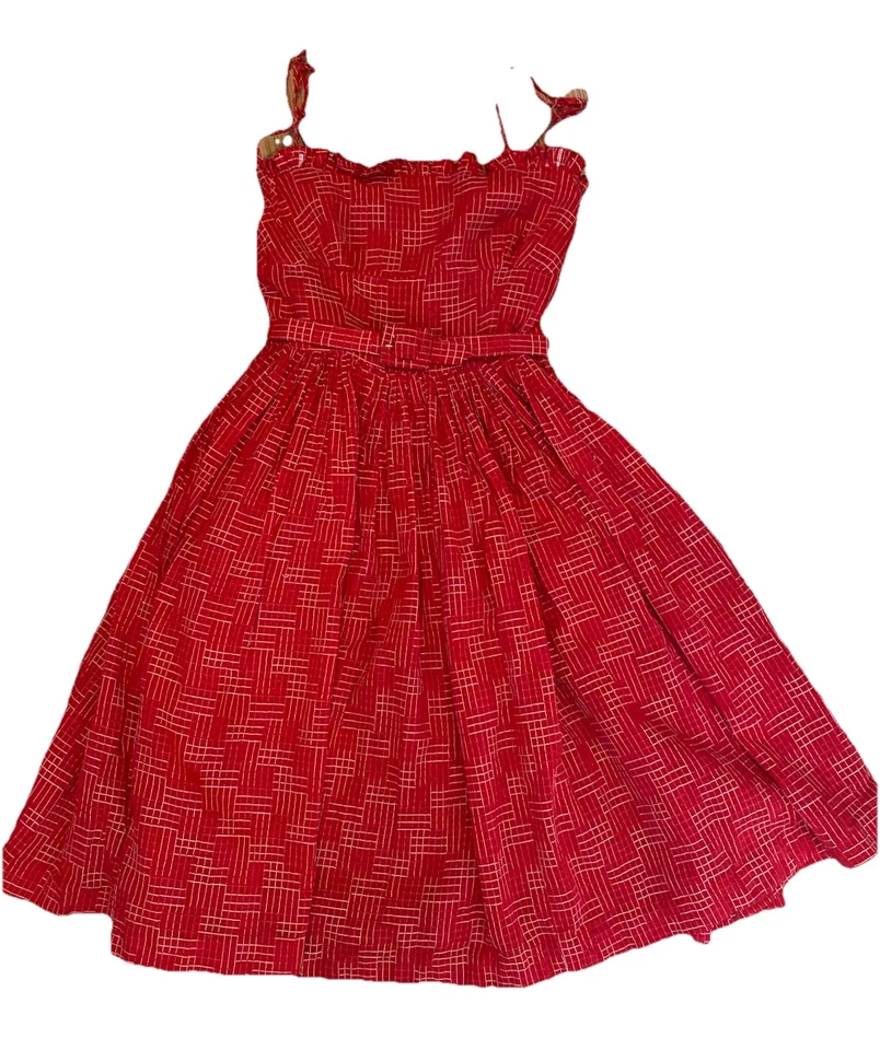 1950s Red Rockabilly Swing Ladies Handmade Checked Sun Dress Belt Bolero  Sz 0-2 - Image 3 of 4
