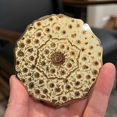 Stratton 1950 s Powder Compact Mirror with Puff England Cream & Gold-toned
