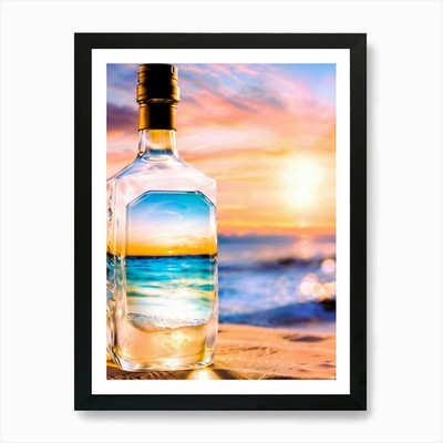 Flasche am Strand Kunstdruck gerahmt Wandbild Poster Leinwanddruck Bild