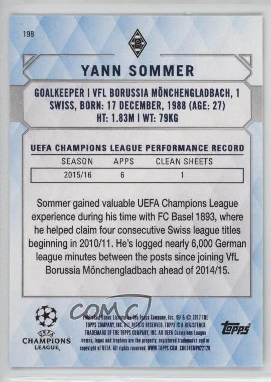 2016-17 Topps UCL Showcase Black /5 Yann Sommer #198 - Image 2 of 2