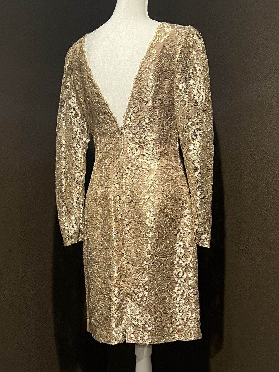 Ambria Vintage 12 Gold Lace Mini Dress Puff Sleeve Open Back Ambria Vintage 12 Gold Lace Mini Dress Puff Sleeve Open Back