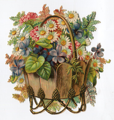 Oblaten scrap die cut chromo  Veilchen - Farn-Blumenkorb 12,5 cm